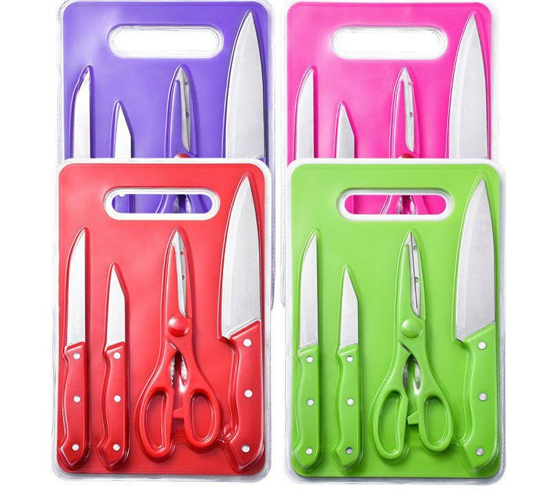 Ensemble de 5 pièces de couteaux a fruits en acier inoxydable avec planche à découper, présenté comme un kit portable pour cuisine, pique-nique et cadeau.