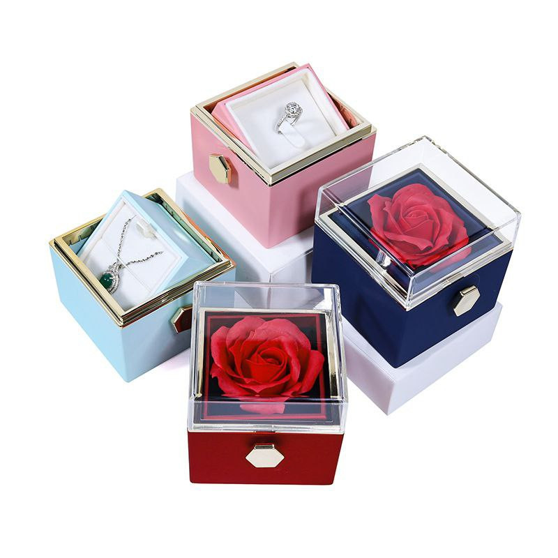 Boîte-cadeau rotative créative de fleur éternelle de la Saint-Valentin boîte à bijoux rose boîte à bagues boîte à collier boîte d'emballage de bijoux