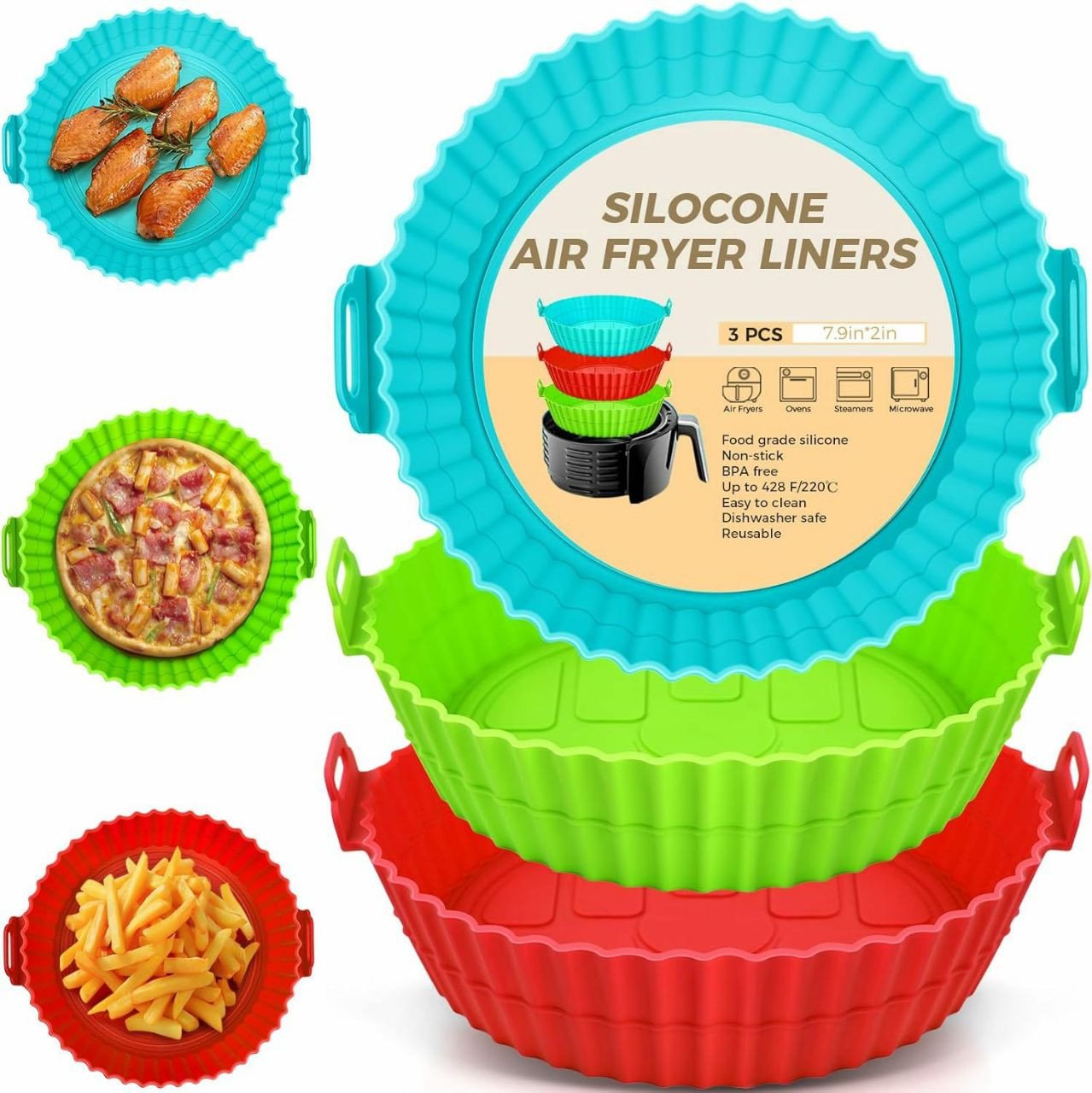 Moules en silicone réutilisables pour friteuses à air chaud, également appelés "Air Fryer Silicone Liners".