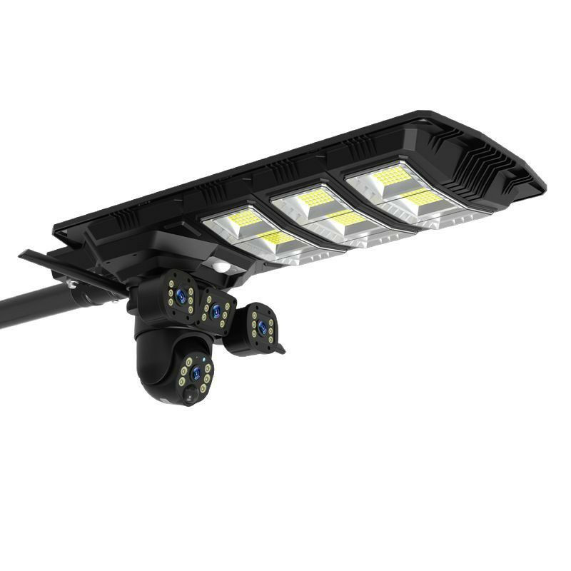 Lampadaire solaire tout-en-un de marque générique intègre un projecteur LED puissant avec une caméra de surveillance PTZ rotative à 360° pour la sécurité extérieure.