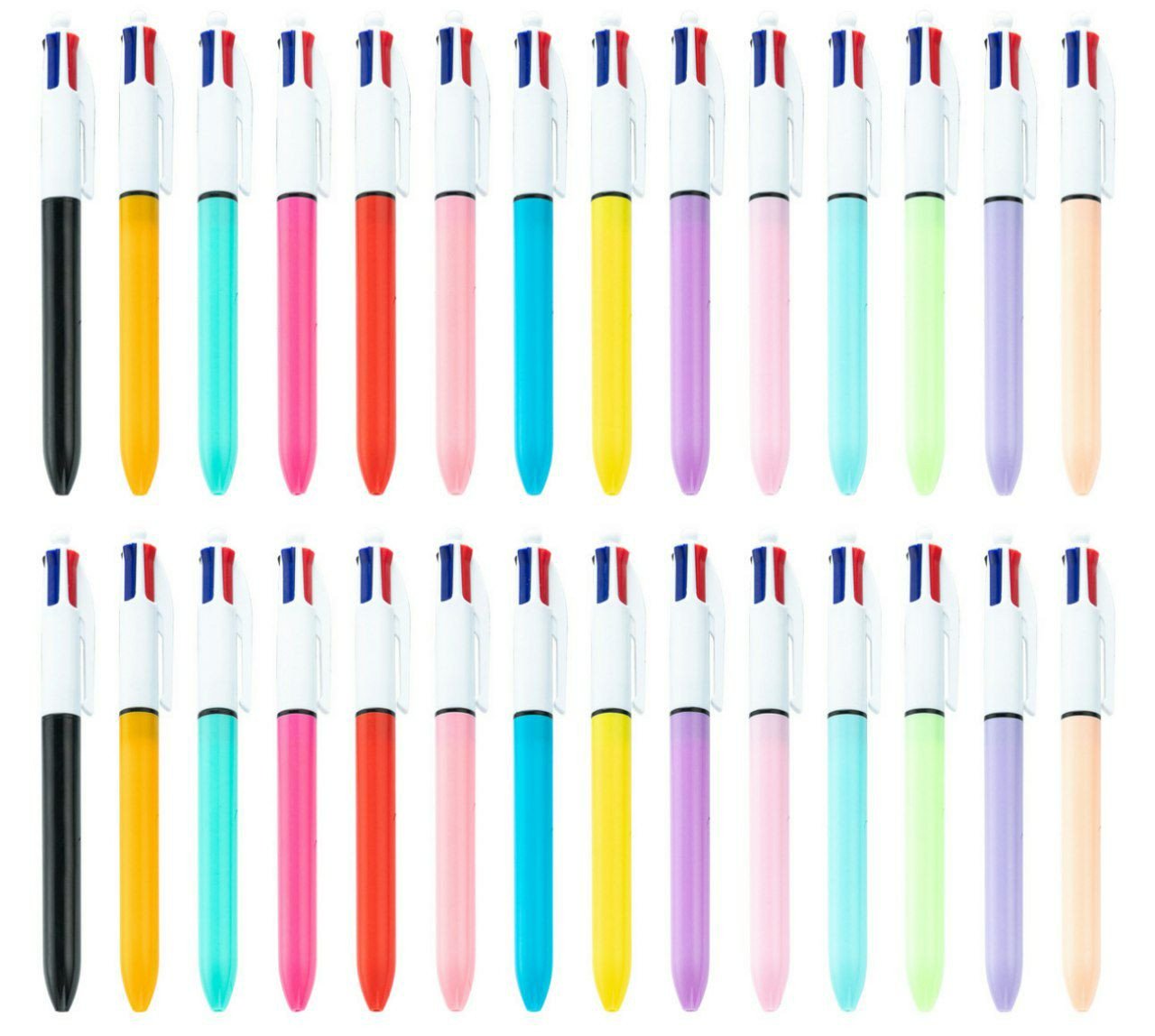 Stylos à bille rétractables 4 en 1 aux couleurs pastel et vives. Utilité : Permet de changer de couleur d'encre facilement avec un système de boutons poussoirs.
