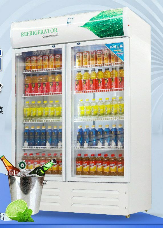 vitrine réfrigérée commerciale à double porte conçue pour exposer des boissons et des produits frais.