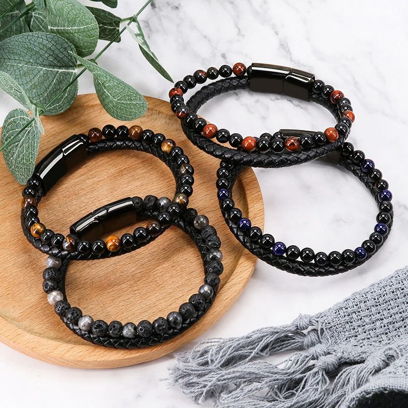 Bracelet transfrontalier simple en pierre volcanique naturelle pour hommes avec fermoir magnétique tissé en pierre d'oeil de tigre perlé bracelet en corde de peau de vache bijoux