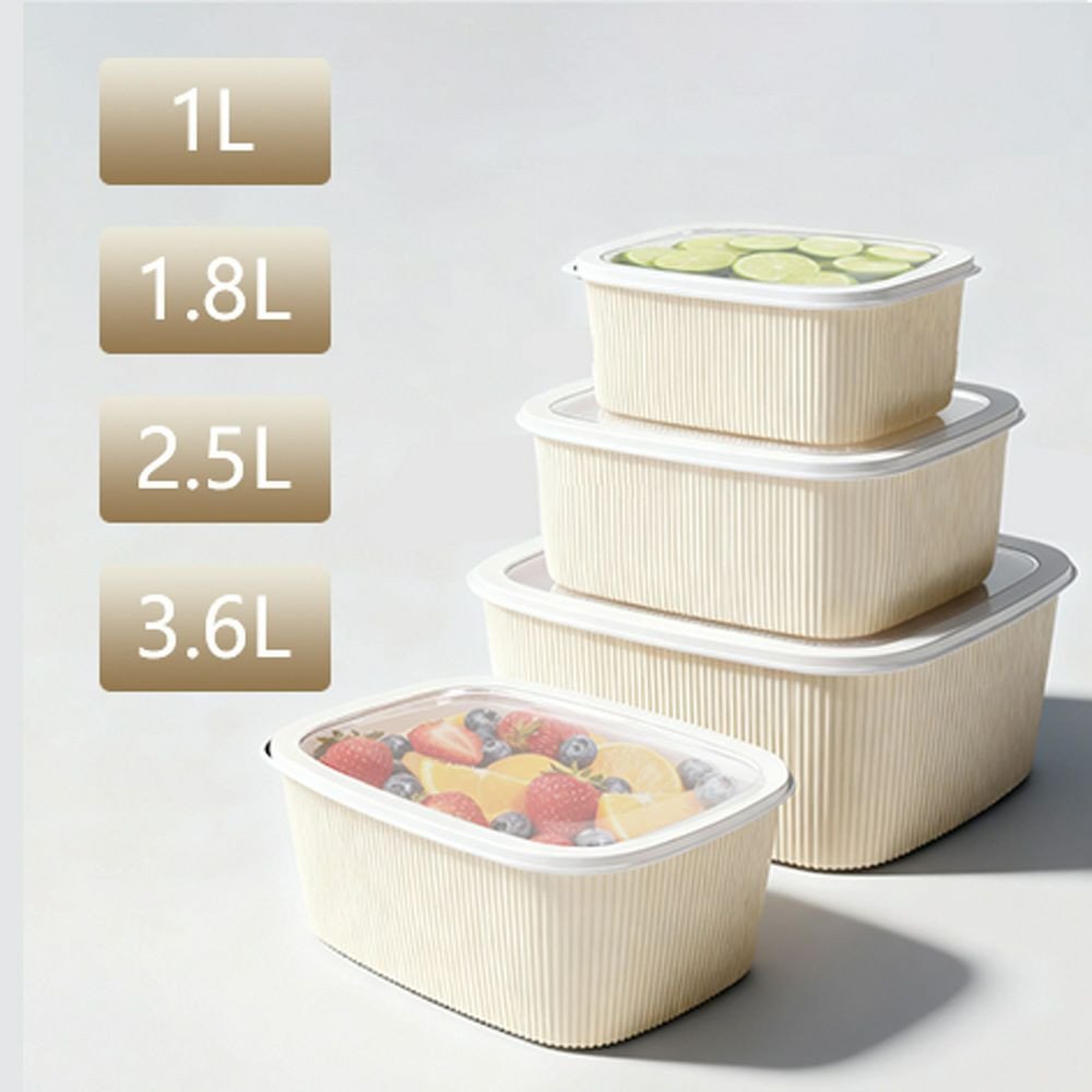 Lot de quatre boîtes de conservation alimentaires beiges au design cannelé propose des capacités de 1L, 1.8L, 2.5L et 3.6L.