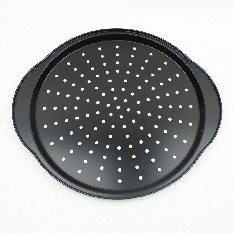 Nouveau Plateaux à Pizza  en acier au carbone, plateaux de cuisson antiadhésifs avec trous et poignées pour la cuisine domestique, four à micro-ondes de boulangerie binaural à pizza avec plateau de bo