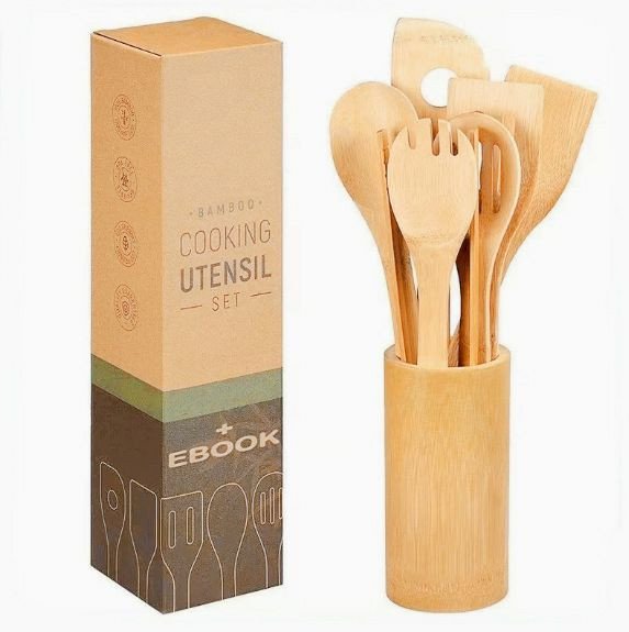 Ensemble d'ustensiles de cuisine en bambou présenté avec son pot de rangement et sa boîte en carton.