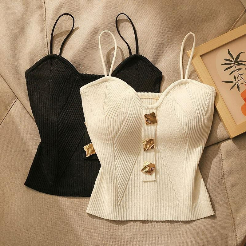 Débardeur tricoté Sexy pour femmes, Camisole à bretelles, bas Slim, haut Bandeau, haute élasticité, col en V, haut court sans manches