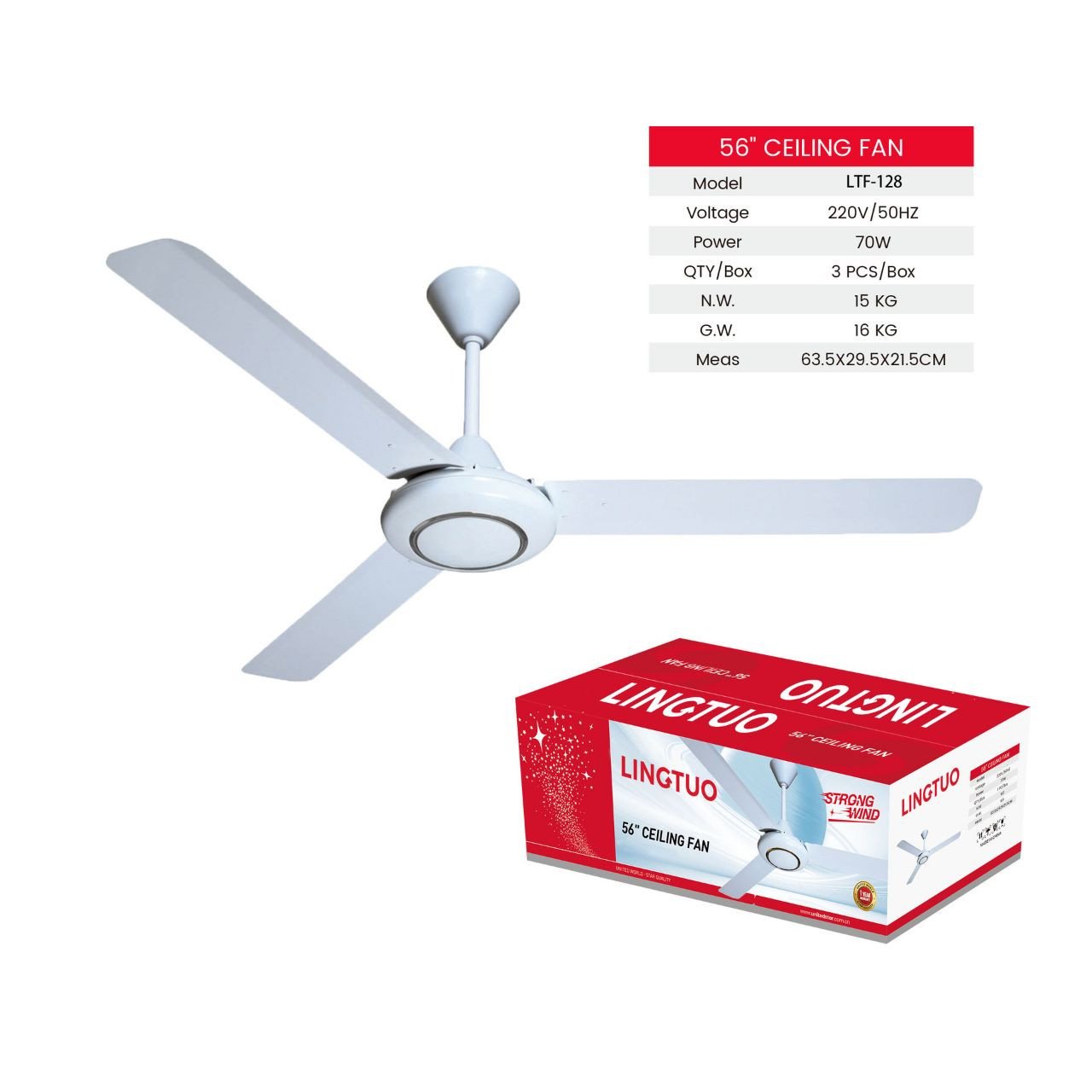 ventilateur de plafond Lingtuo de 56 pouces est livré avec trois pales métalliques blanches pour une circulation d'air efficace.