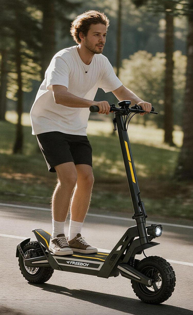 Trottinette électrique tout-terrain FREEBOY J2MAX, caractérisée par son cadre robuste gris foncé et ses détails jaunes.